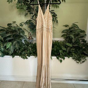 Spaghetti Strap Tan Stripes Flare Leg Jumpsuit